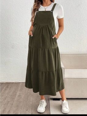 Maternity Army Green Tiered Pinafore Midi Dress—size (4)small
